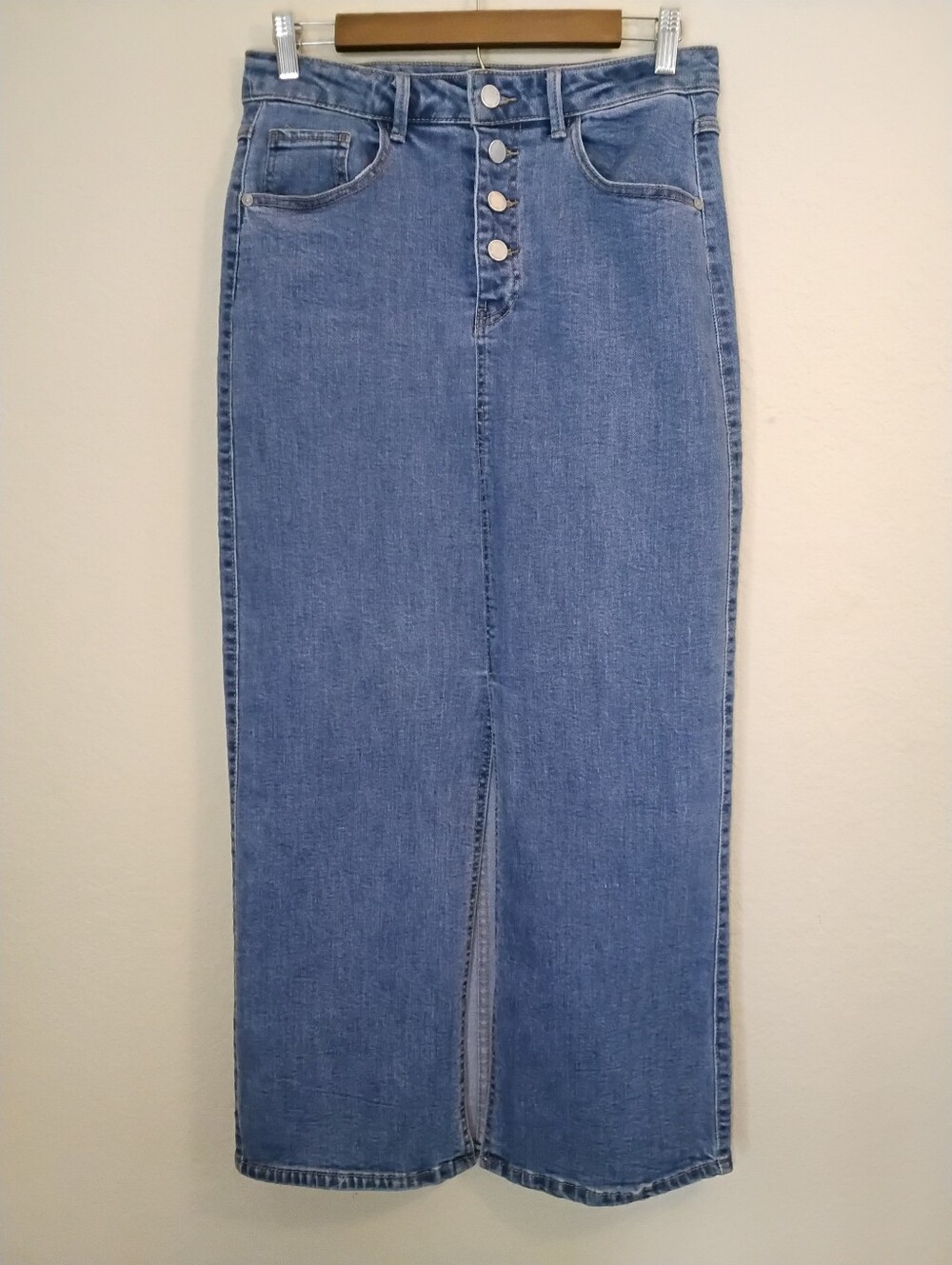 Oat New York Denim Maxi Skirt‎ Womens Size 10 Light Wash Button Fly Front Slit